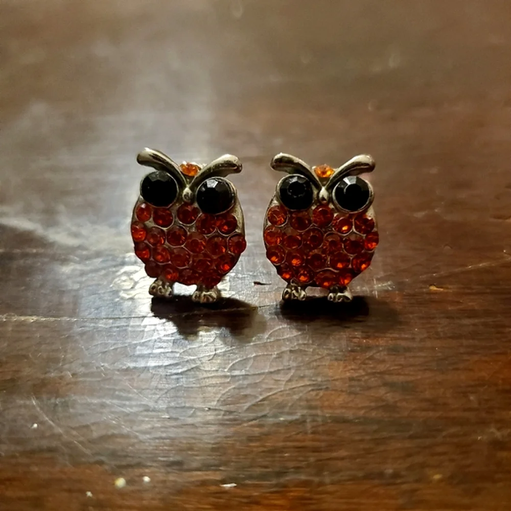 Red rhinestone gemstone bejeweled owl post earrings